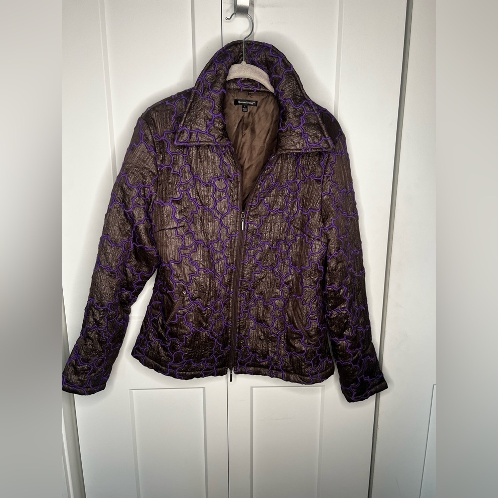 FINAL SALE Samuel Dong Gray and Purple Geo Print Crinkle Puffer Jacket